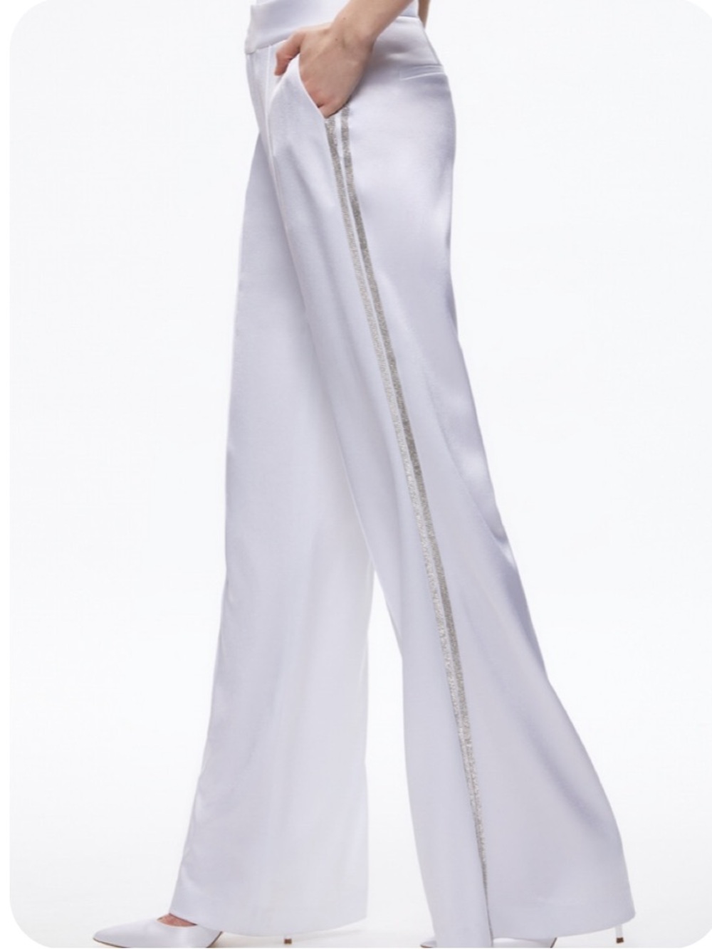 ALICE AND OLIVIA Wide-Leg White Pants with Metallic Side Stripe